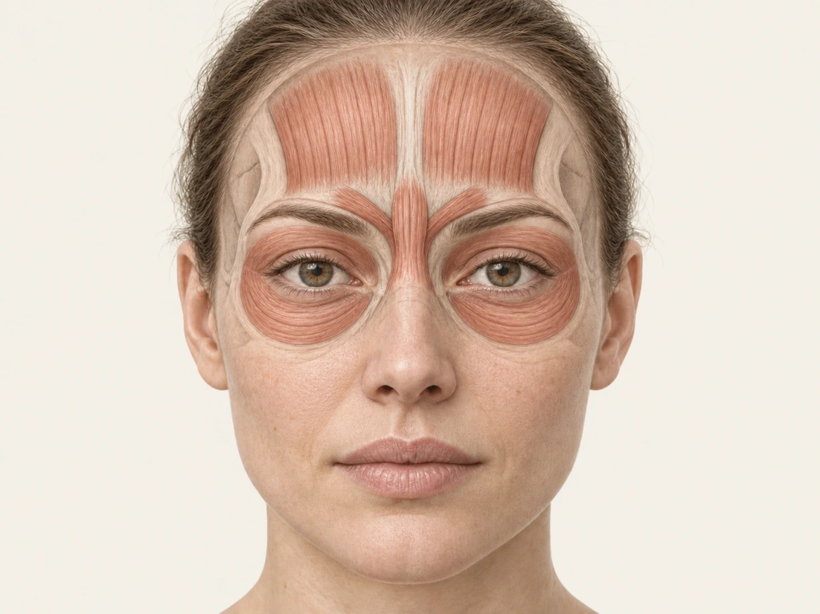 Illustration der Gesichtsmuskeln an Stirn, zwischen den Augenbrauen und rund um die Augen.