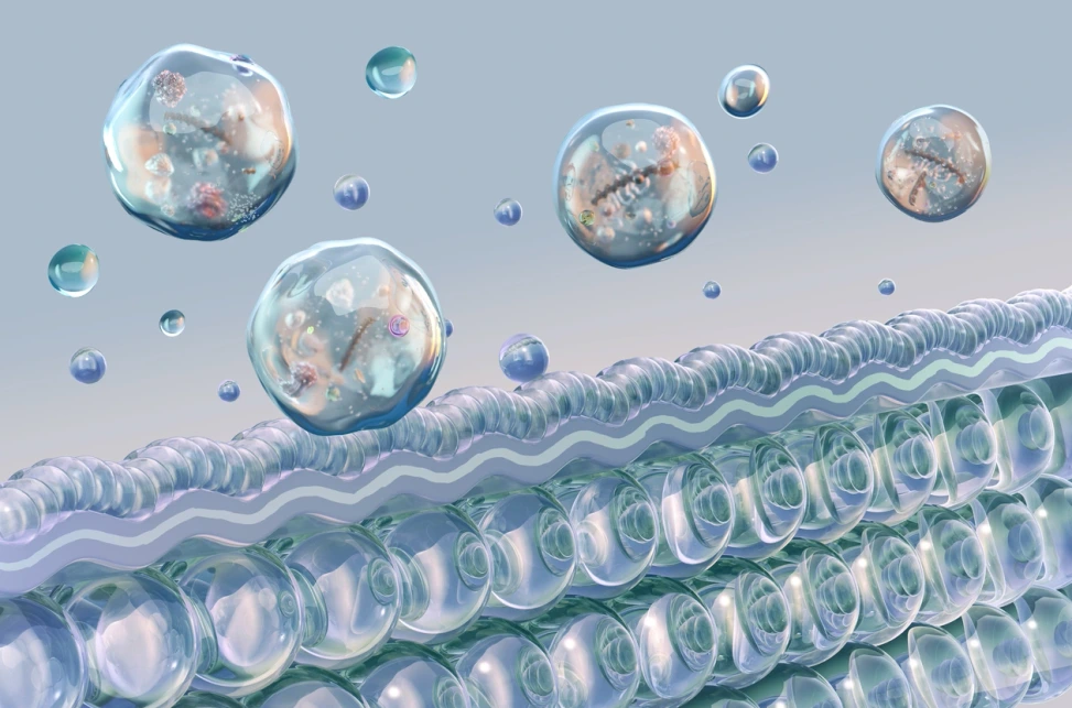Schematische Darstellung extrazellulärer Vesikel über Hautzellen